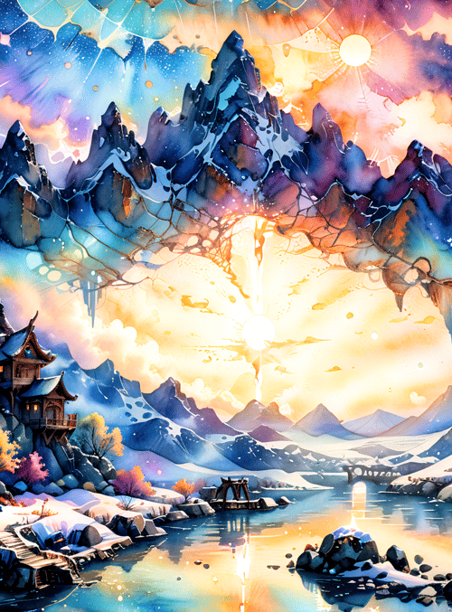mountains, houses, river, trees, sun, sky, snow, bridge, stars, clouds