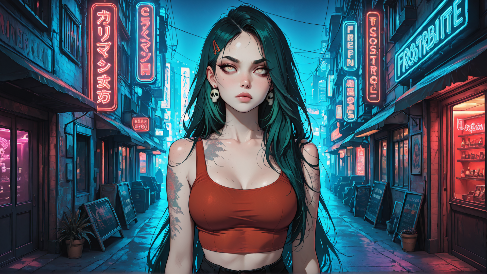 AI generated wallpaper featuring woman, neon sign, tattoo, street, store