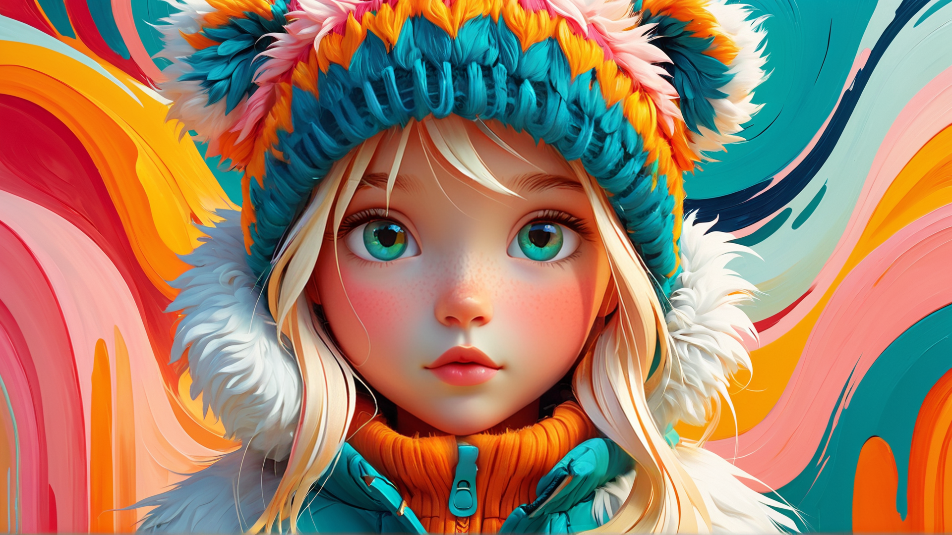 AI generated wallpaper featuring girl, hat, jacket, feathers