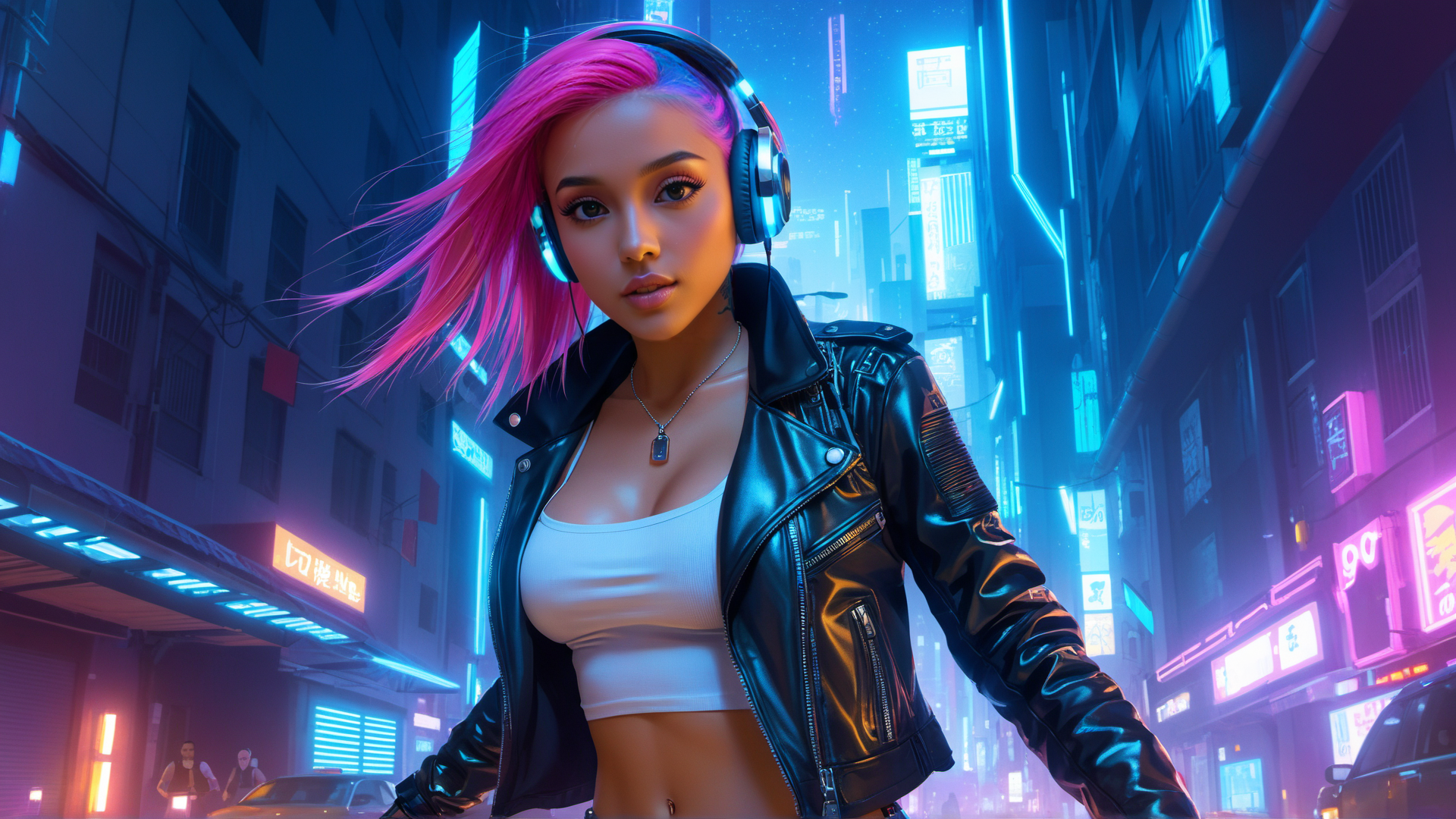 AI generated wallpaper featuring woman, neon, cyberpunk