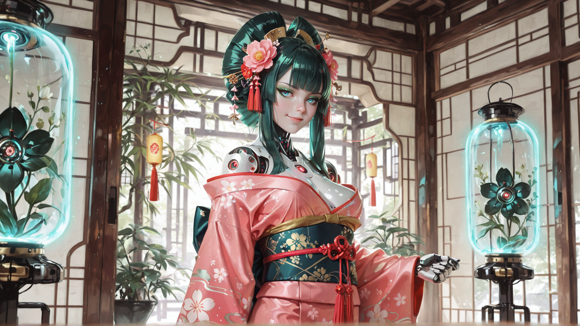 AI generated wallpaper featuring robot, geisha, kimono, lantern, flower, garden, traditional, chinese, cyberpunk, sake