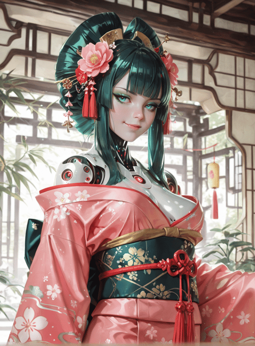 robot, geisha, kimono, lantern, flower, garden, traditional, chinese, cyberpunk, sake
