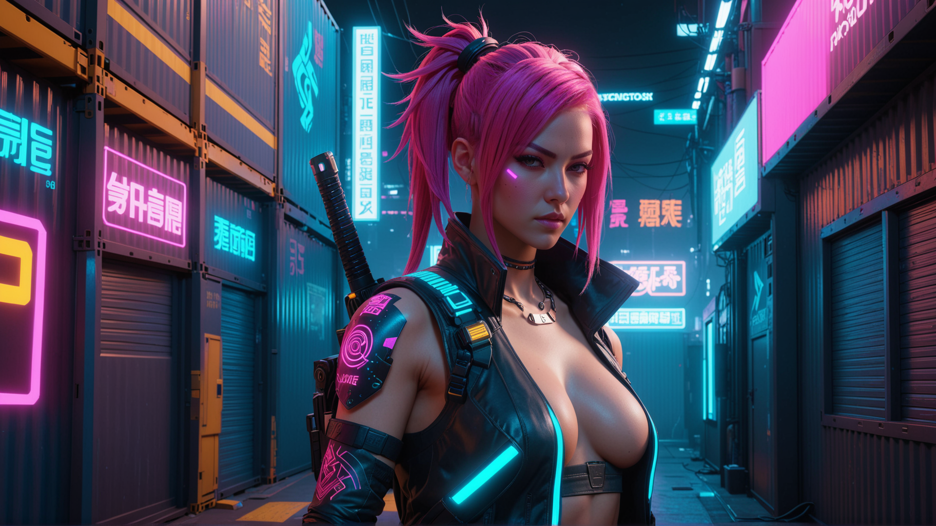 AI generated wallpaper featuring cyberpunk woman, neon, swordsman