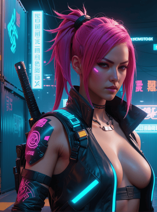 cyberpunk woman, neon, swordsman