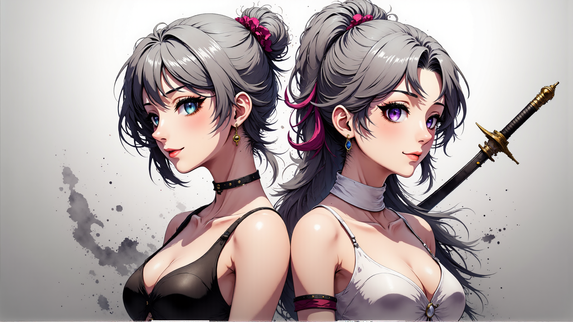 AI generated wallpaper featuring woman, sword, hair, choker, earring