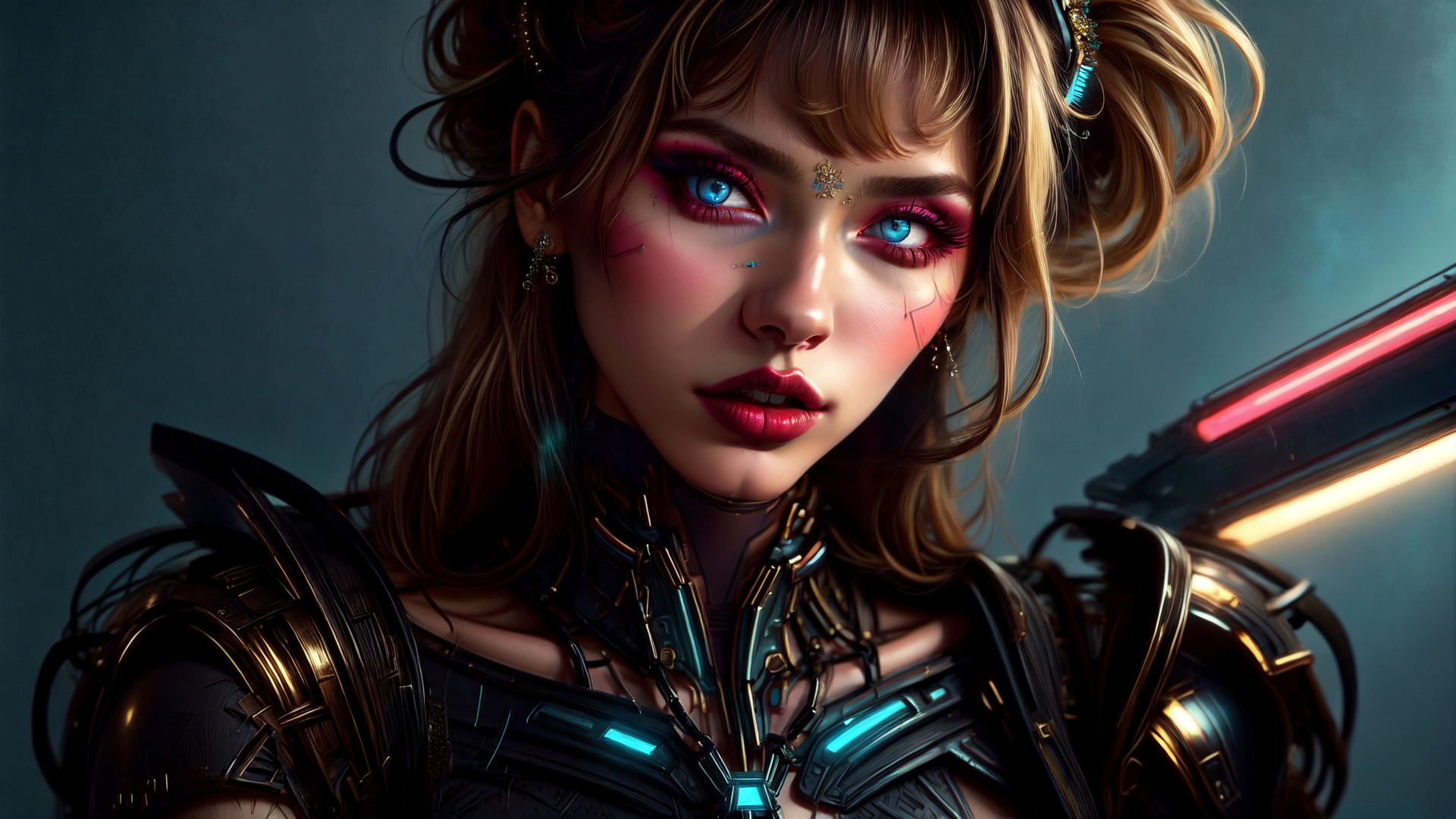 AI generated wallpaper featuring cyberpunk, woman, armor, goggles, earrings, neon, lightsaber