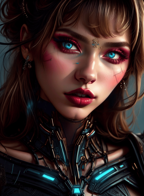 cyberpunk, woman, armor, goggles, earrings, neon, lightsaber