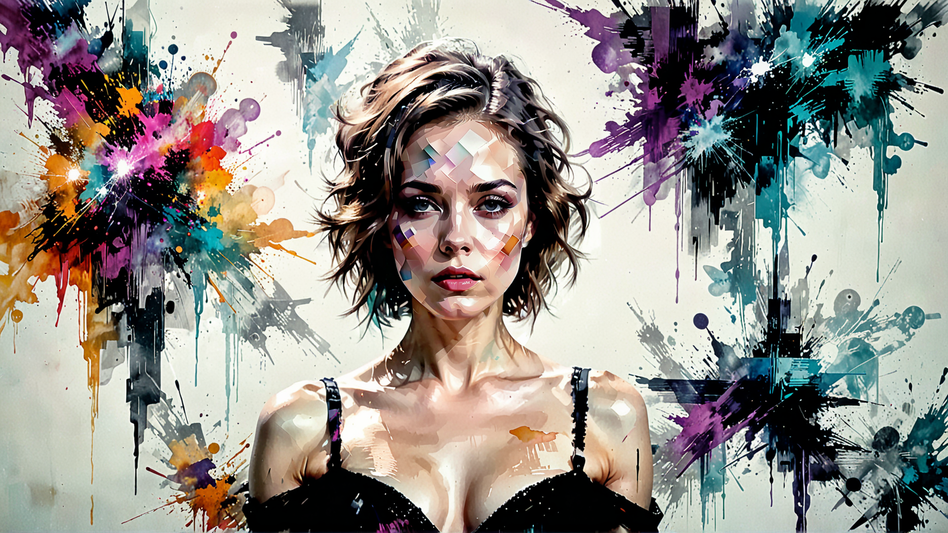 AI generated wallpaper featuring woman, painting, art, splatter, glimmer