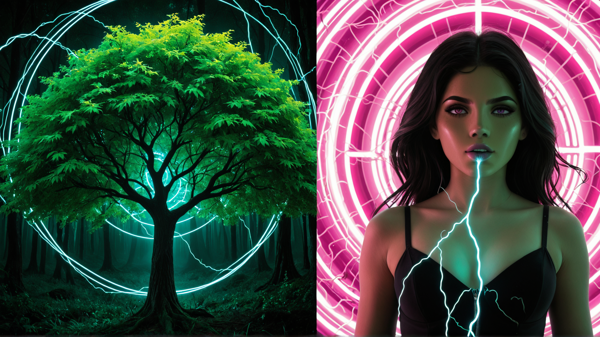 AI generated wallpaper featuring tree, woman, lightning, neon