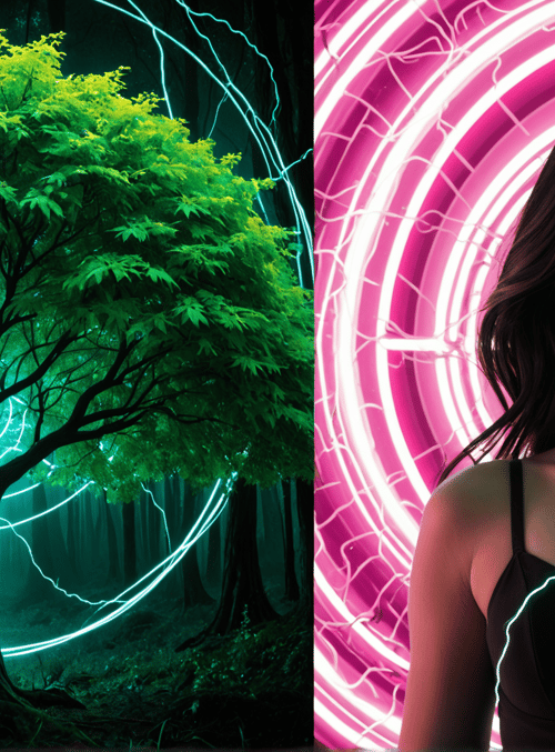 tree, woman, lightning, neon