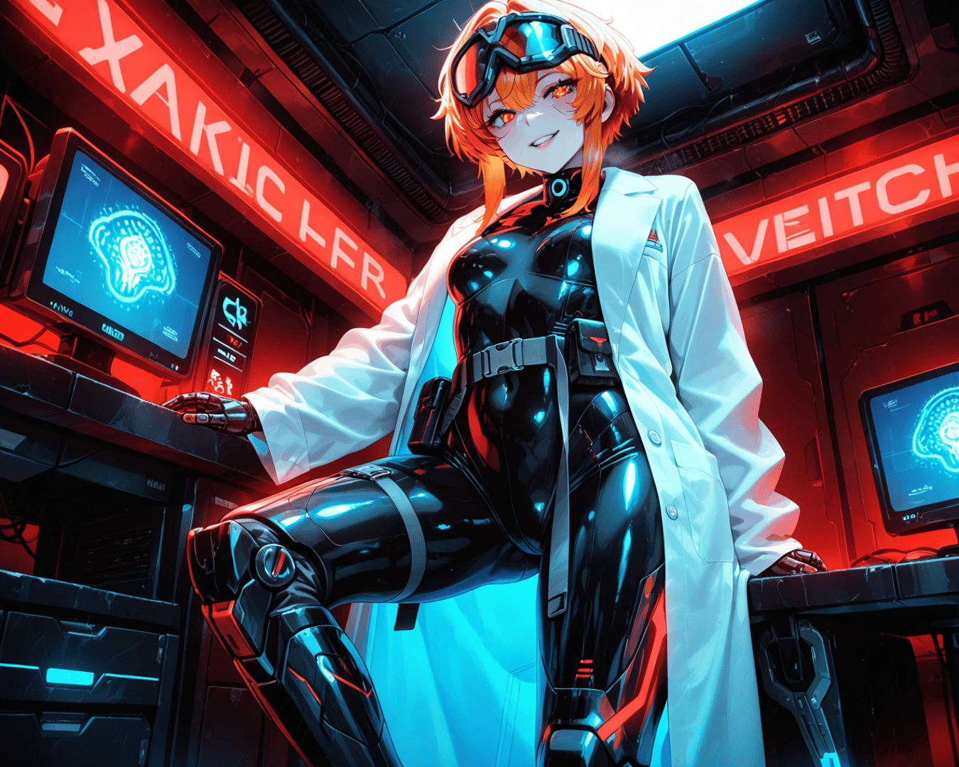 AI generated wallpaper featuring cybernetic, scientist, woman