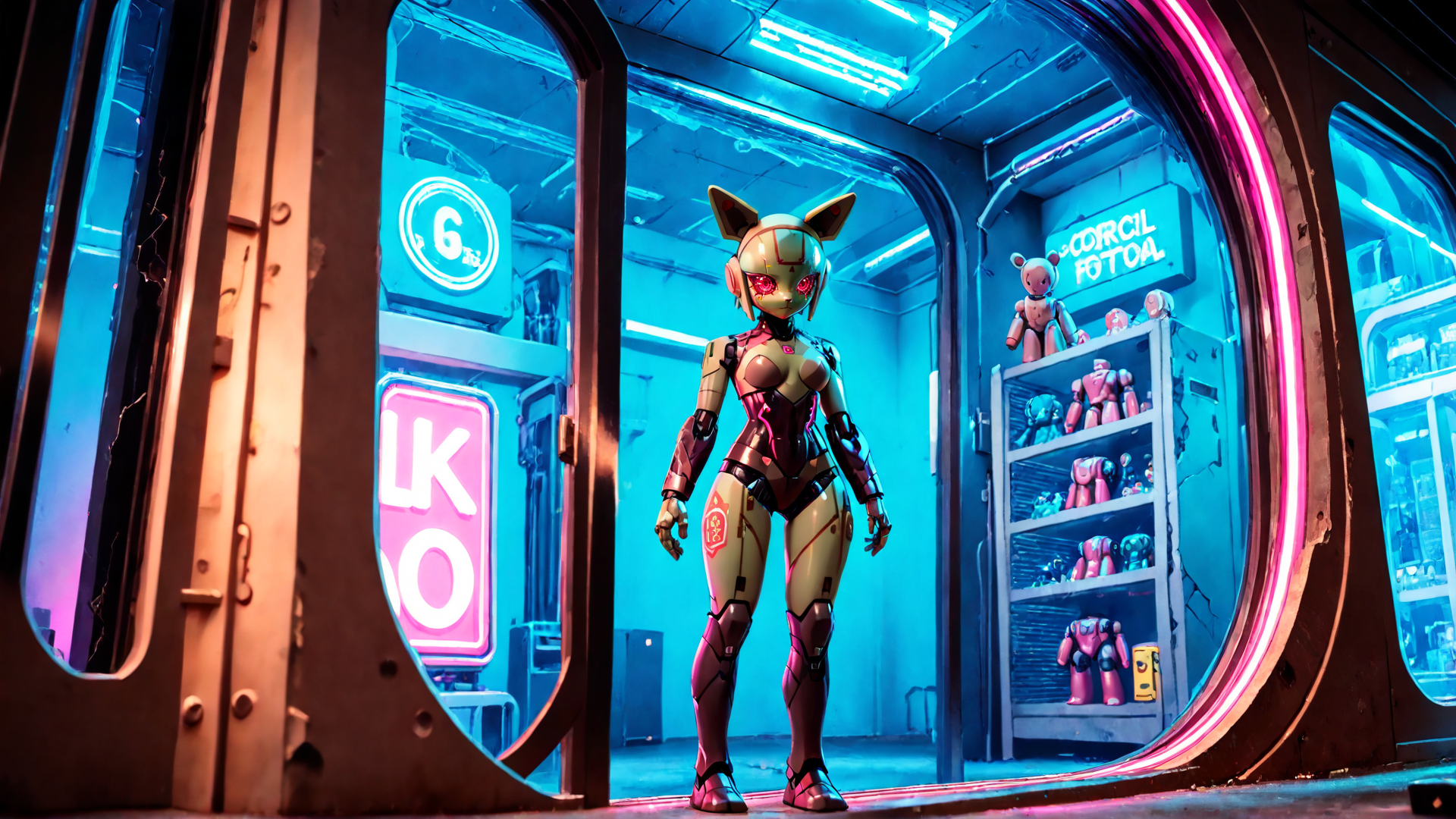 AI generated wallpaper featuring robot, doll, neon, store, glasses