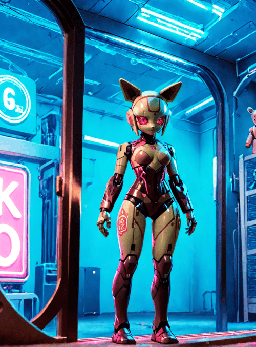 robot, doll, neon, store, glasses