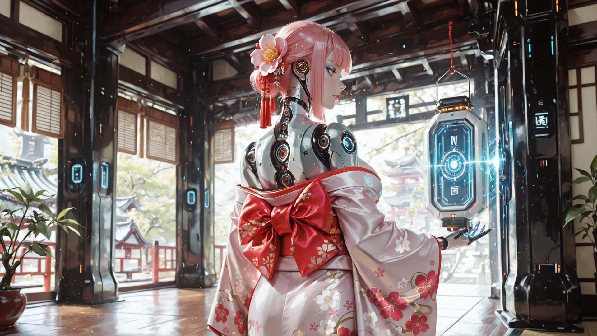 AI generated wallpaper featuring robot, kimono, lantern, flower, garden