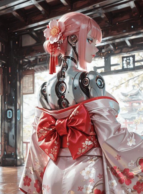robot, kimono, lantern, flower, garden