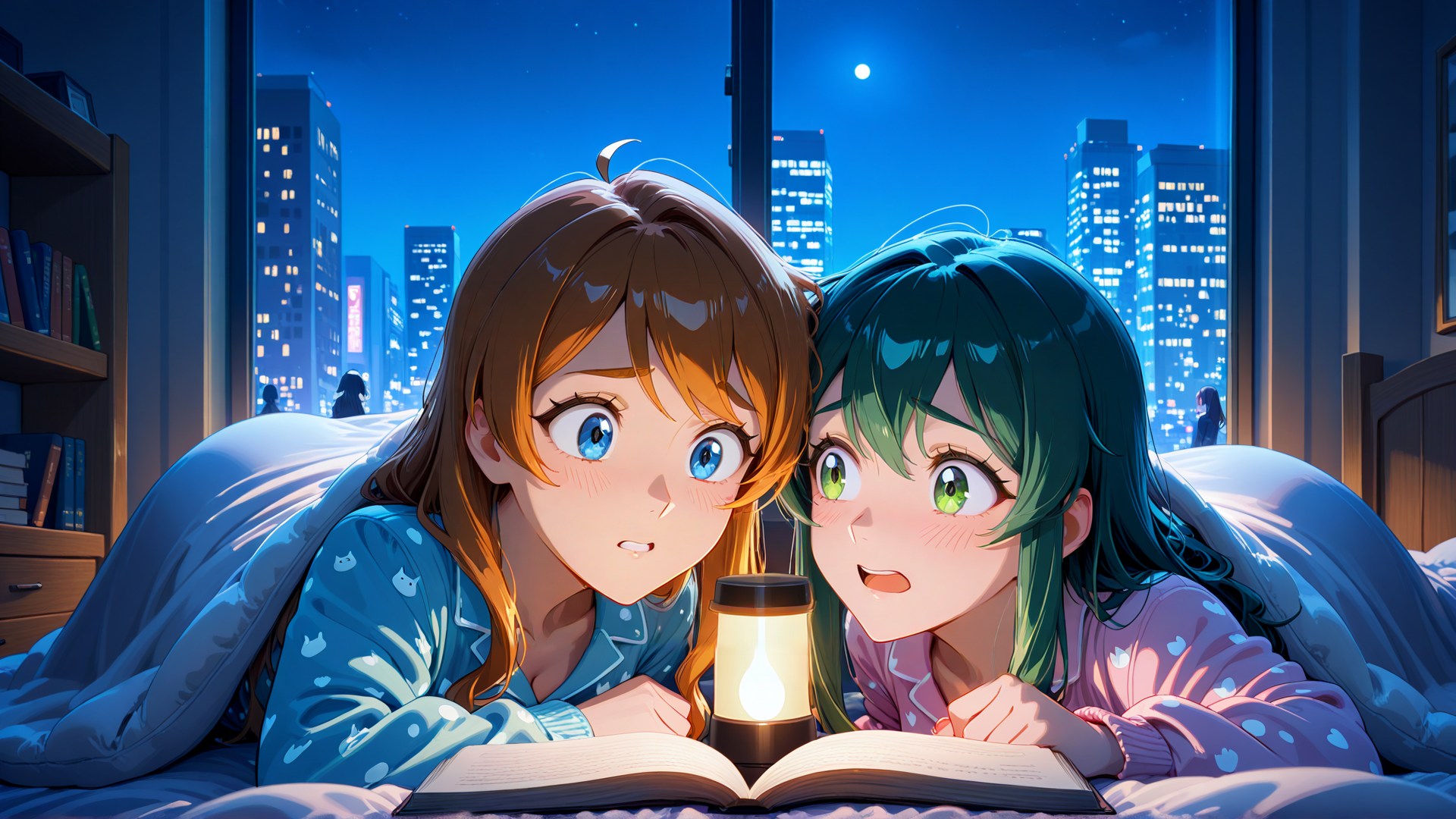 AI generated wallpaper featuring girls, bedroom, city
