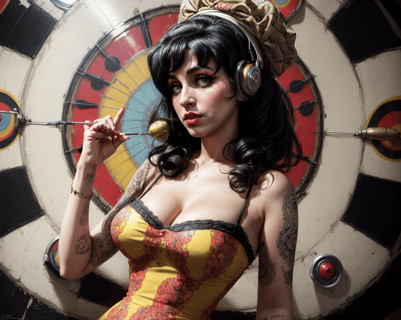 AI generated wallpaper featuring woman, darts, tattoo