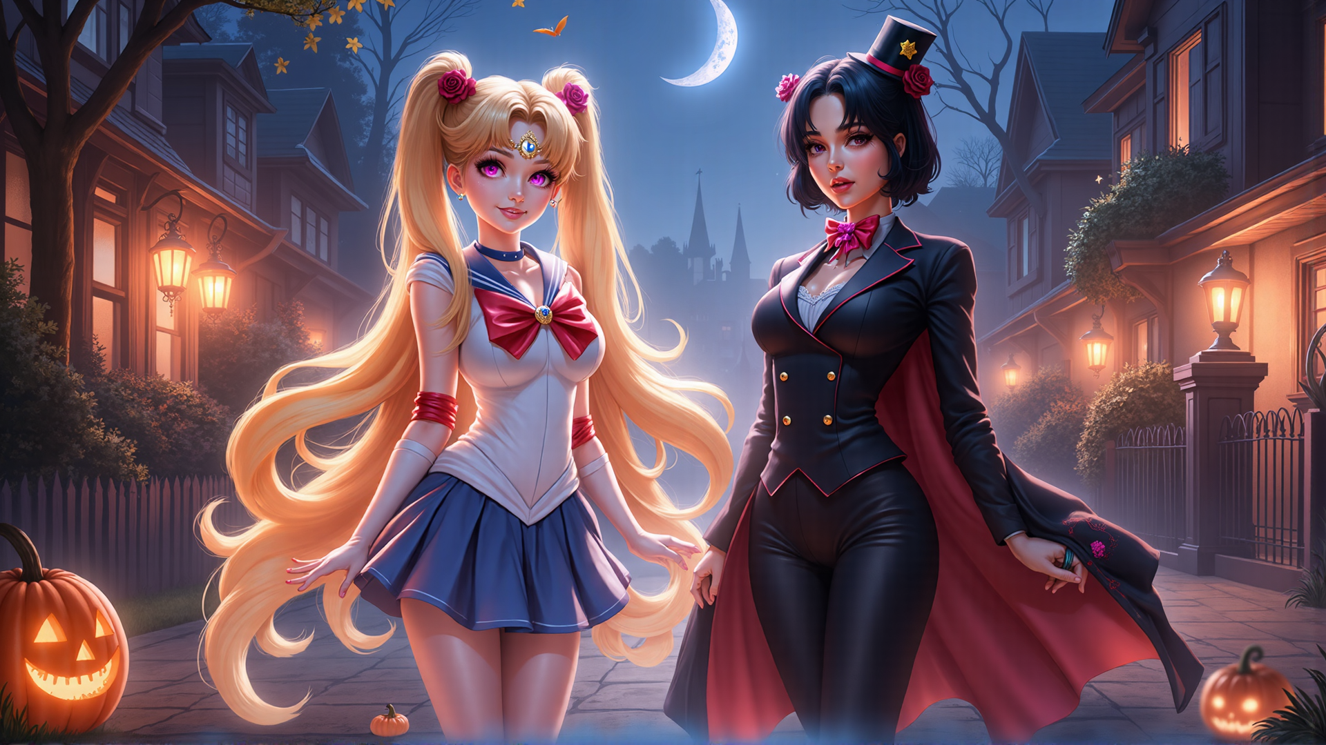 AI generated wallpaper featuring Sailor Moon, woman, pumpkin, house, moon, trees, lantern, cape, bow, dress
