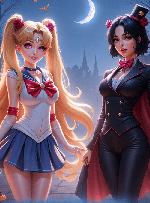 Sailor Moon, woman, pumpkin, house, moon, trees, lantern, cape, bow, dress
