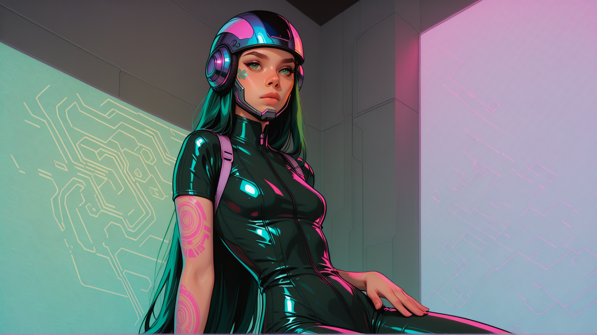 AI generated wallpaper featuring cyborg, woman, helmet, suit, goggles, tattoo, gloves, neon