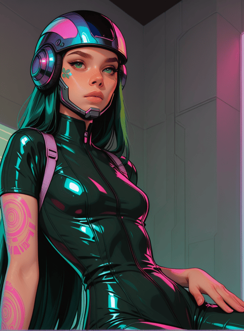 cyborg, woman, helmet, suit, goggles, tattoo, gloves, neon