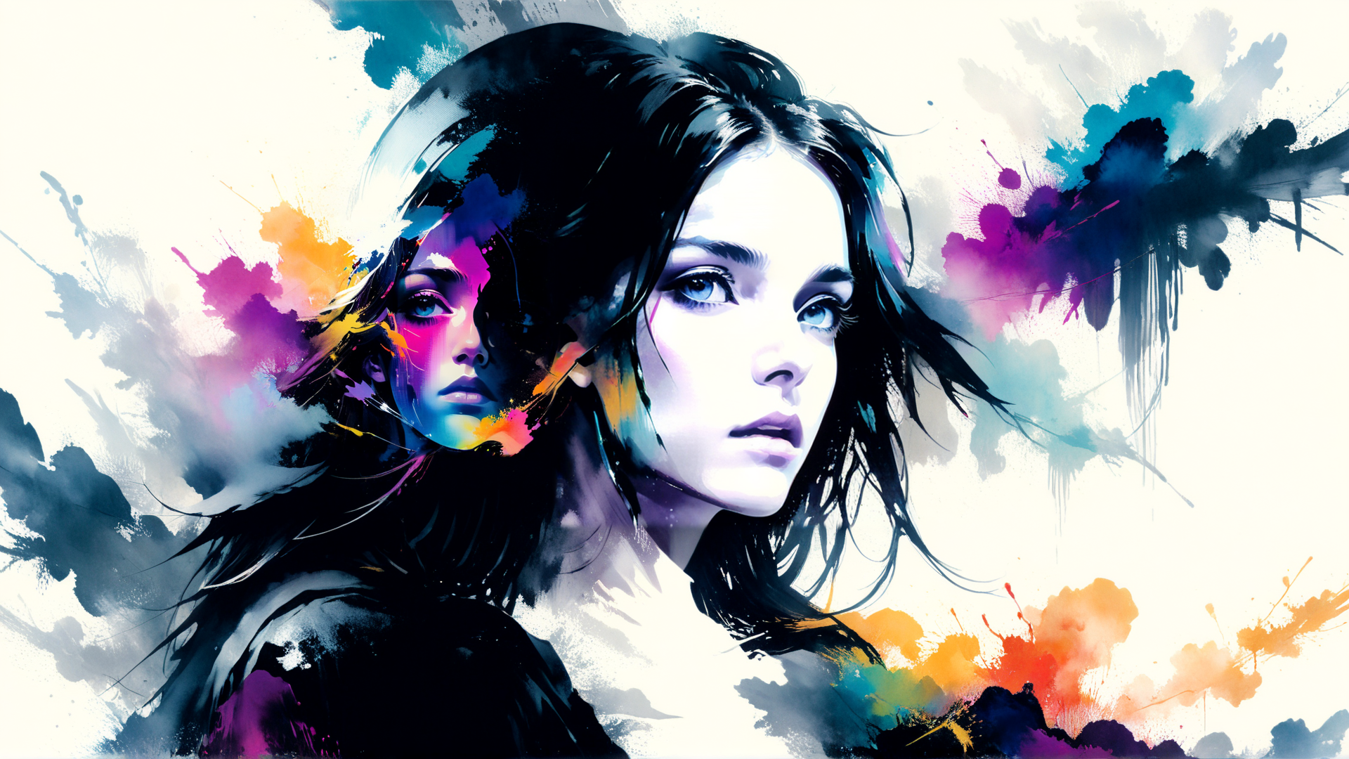 AI generated wallpaper featuring woman, portrait, hair, face, art