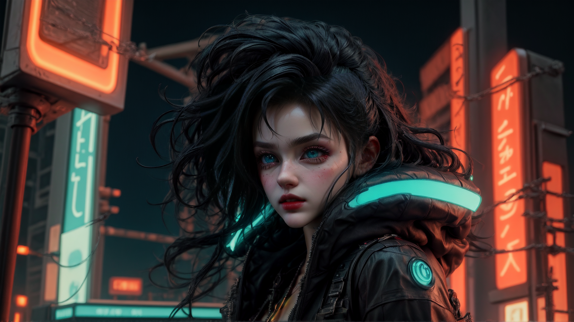 AI generated wallpaper featuring woman, cyberpunk, street