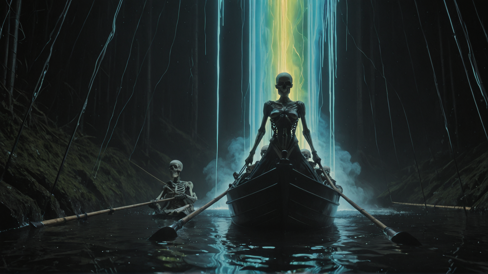 AI generated wallpaper featuring skeleton, boat, river