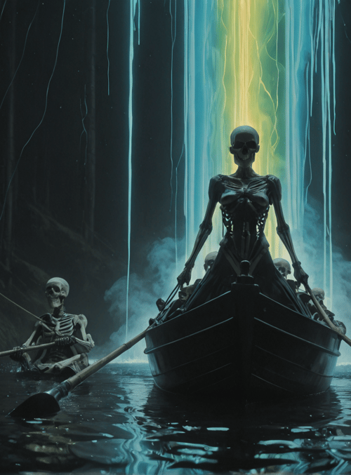 skeleton, boat, river