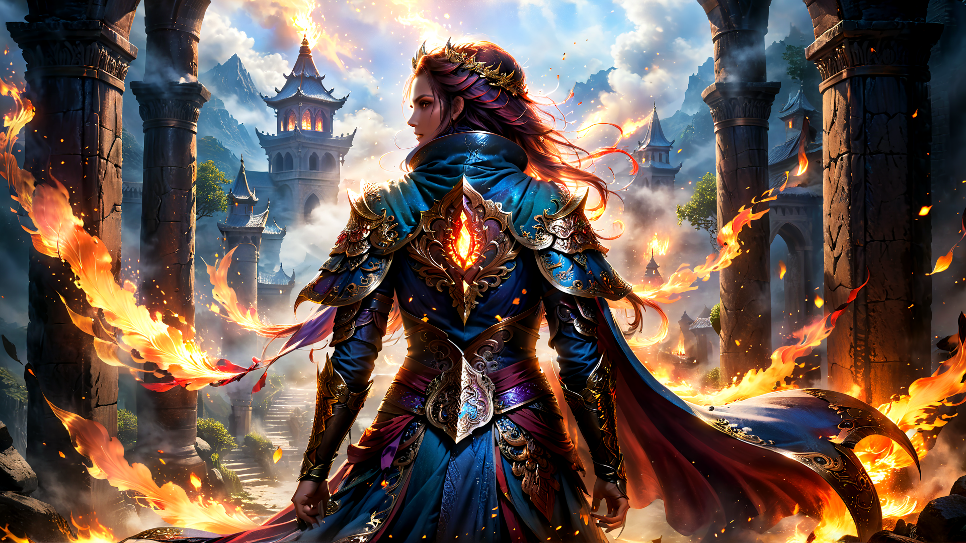 AI generated wallpaper featuring woman, armor, fire, castle, columns, sword, dragon, swordsman, fantasy, queen