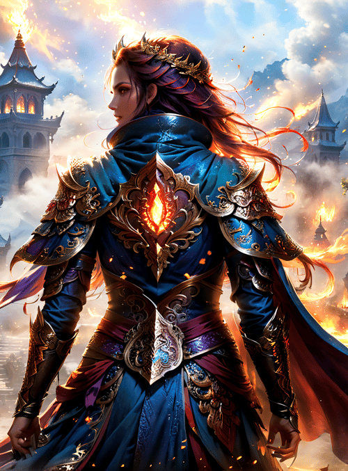 woman, armor, fire, castle, columns, sword, dragon, swordsman, fantasy, queen