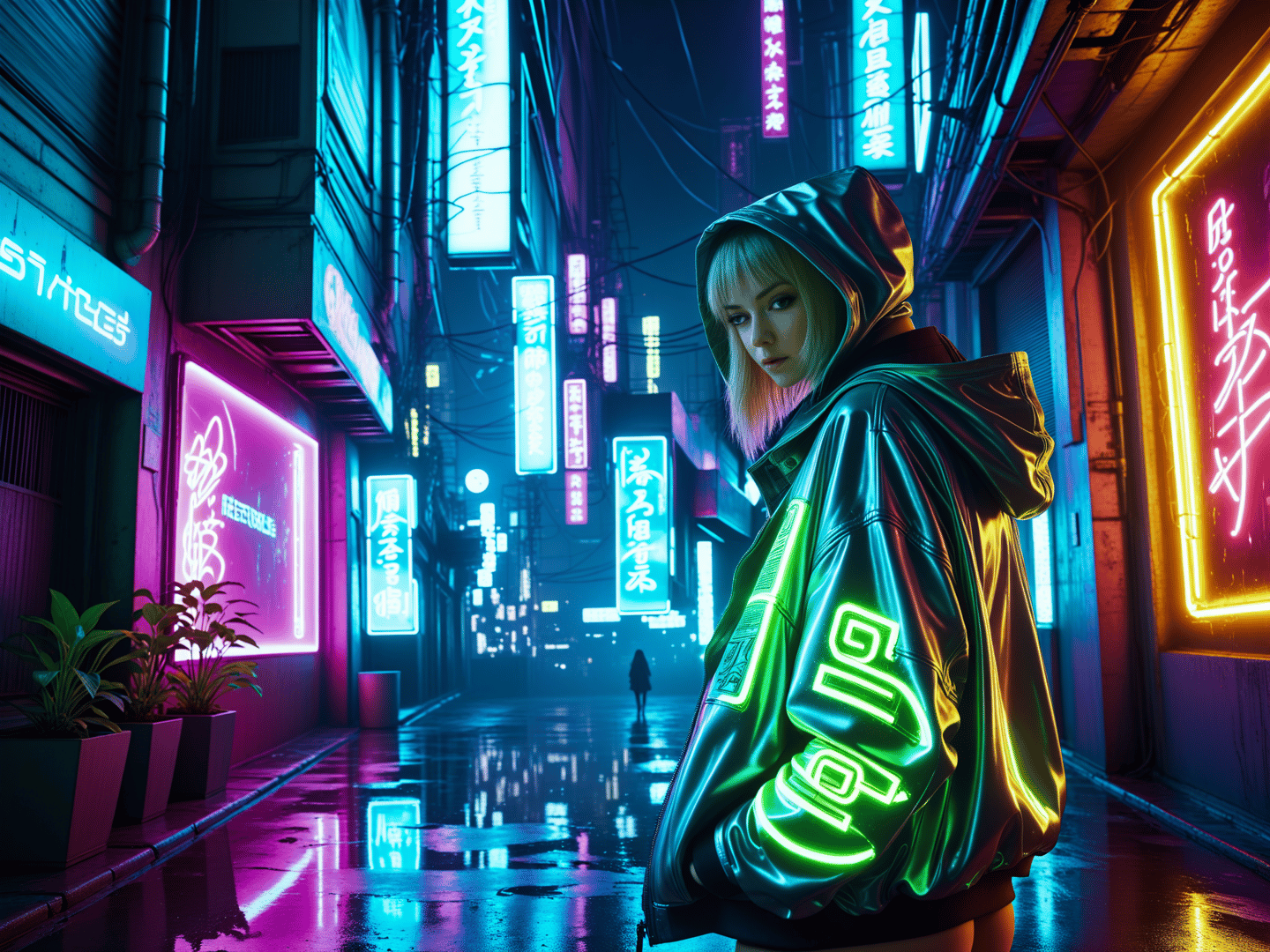 AI generated wallpaper featuring person, neon sign, city street