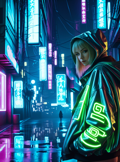 person, neon sign, city street