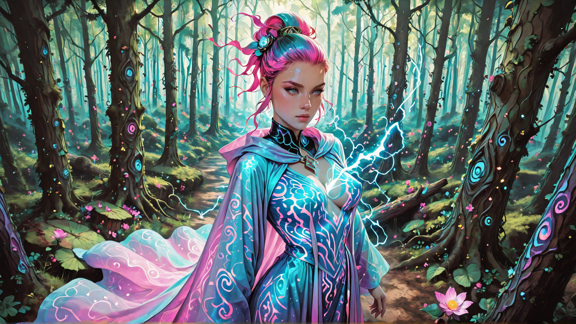 AI generated wallpaper featuring woman, forest, trees, magic, dress, lightning, fairy, nature, enchanted, luminous