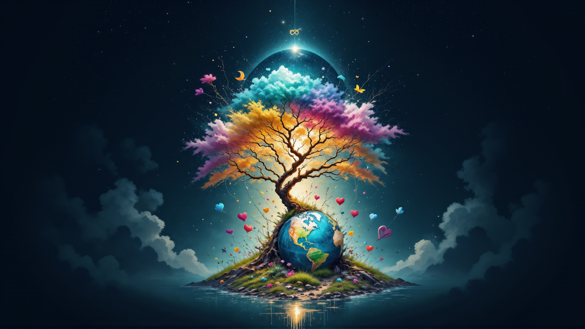 AI generated wallpaper featuring tree, earth, balloons, clouds, stars