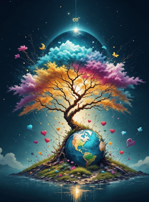 tree, earth, balloons, clouds, stars