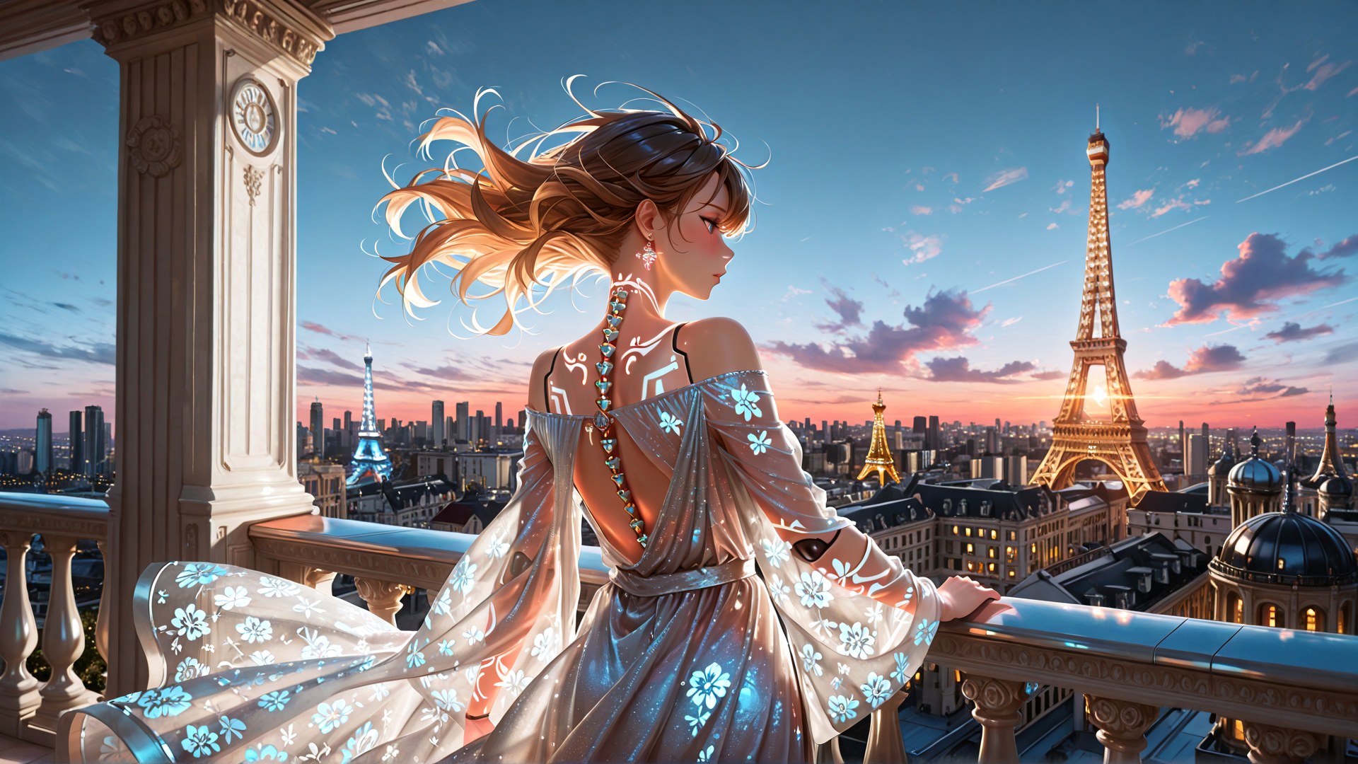 AI generated wallpaper featuring woman, eiffel tower, balcony, dress, cityscape, sunset