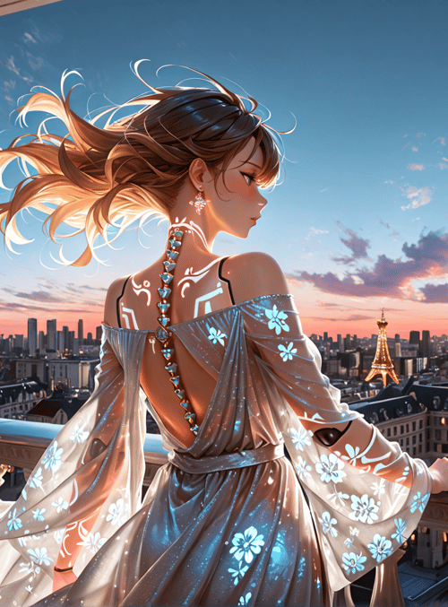 woman, eiffel tower, balcony, dress, cityscape, sunset