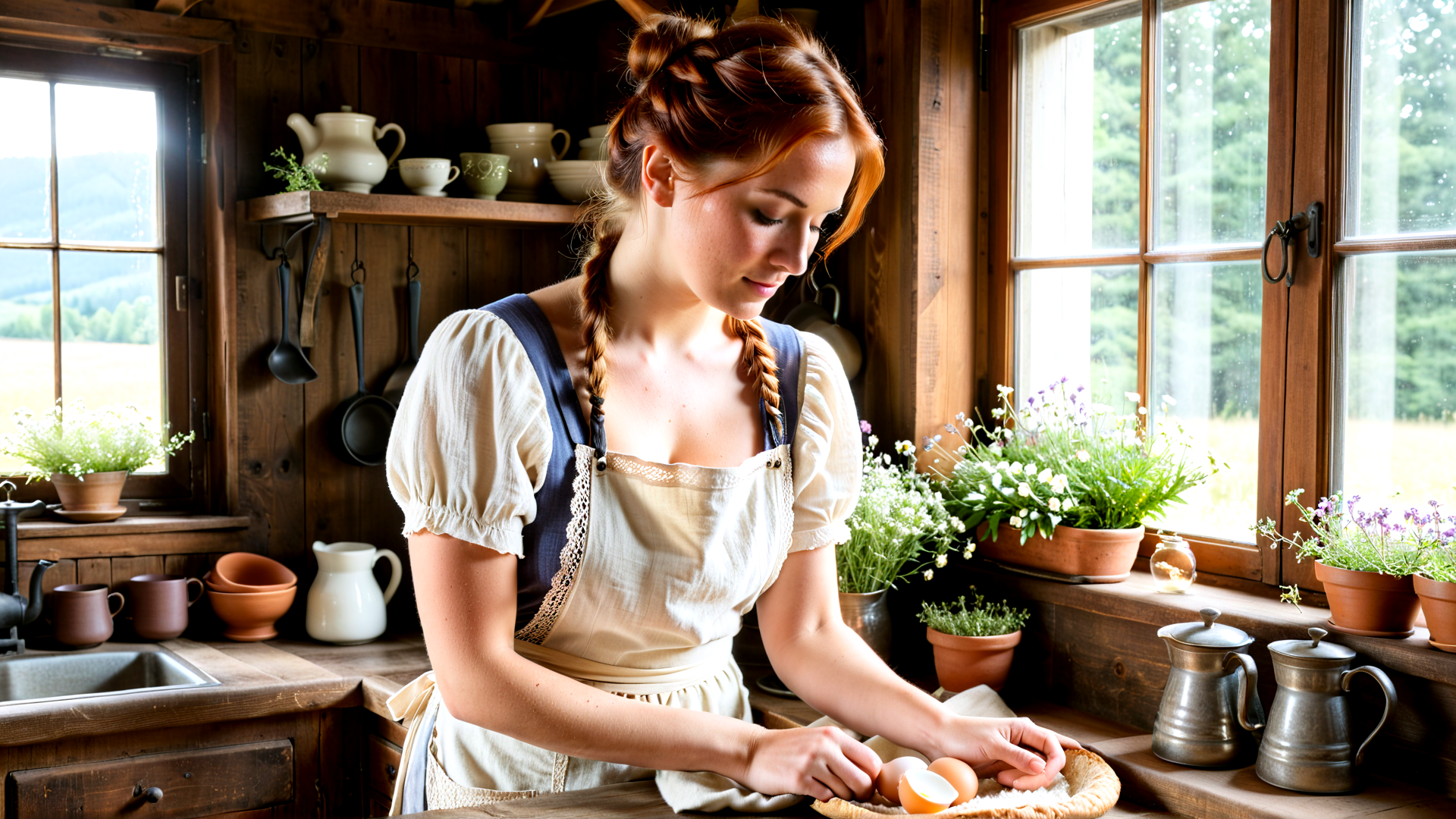 AI generated wallpaper featuring woman, egg, kitchen, apron, braid, plants, window, pot, teapot, cup