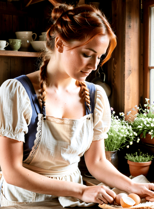 woman, egg, kitchen, apron, braid, plants, window, pot, teapot, cup
