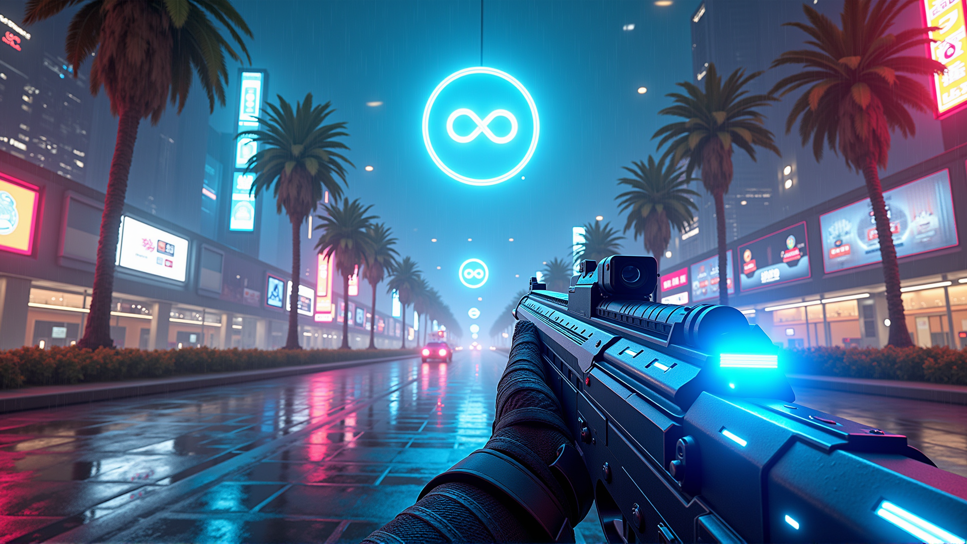 AI generated wallpaper featuring gun, city, palm tree