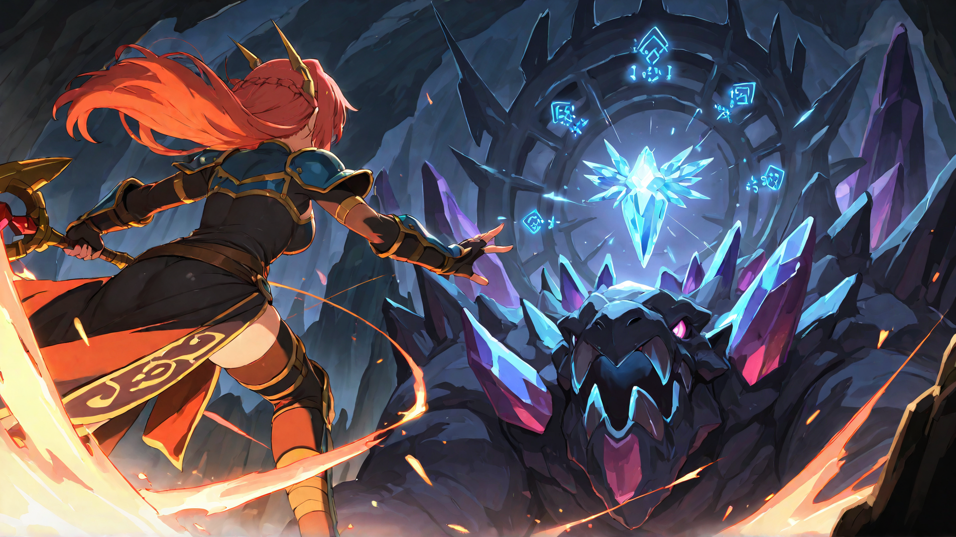 AI generated wallpaper featuring warrior, dragon, crystal, sword, ancient, archway, armor, golem, magic, orb