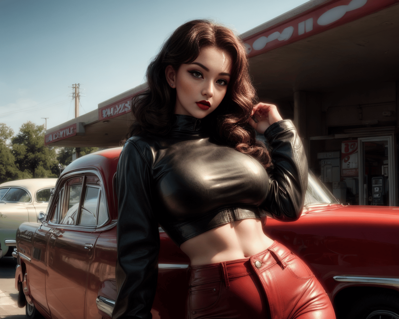 AI generated wallpaper featuring woman, car, gas station