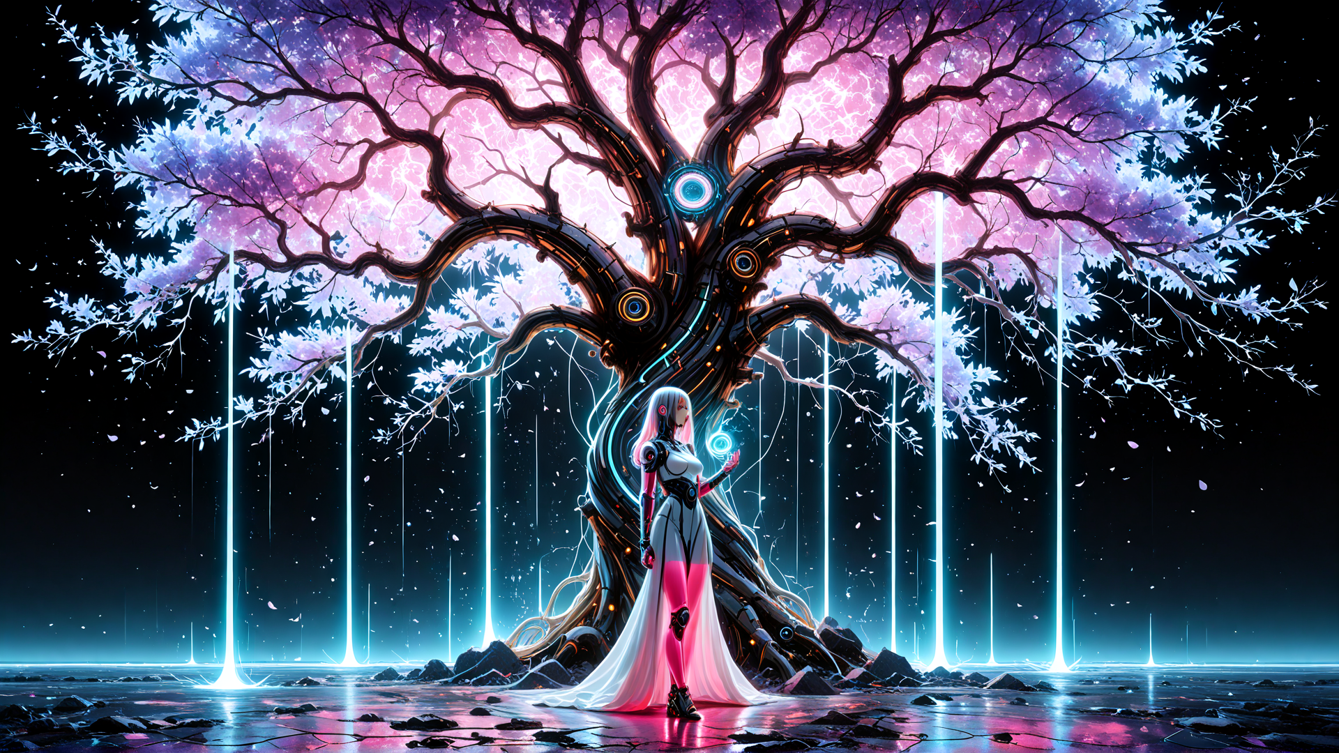AI generated wallpaper featuring cyborg, tree, cherry blossom, neon, glowing, robot, nature, surreal, digital, futuristic