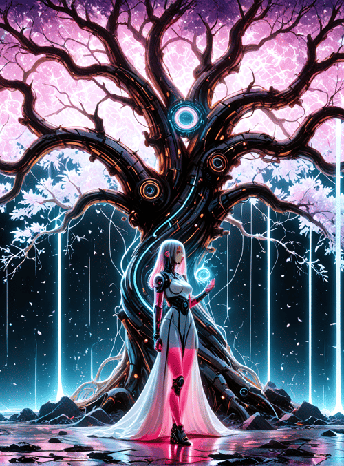 cyborg, tree, cherry blossom, neon, glowing, robot, nature, surreal, digital, futuristic