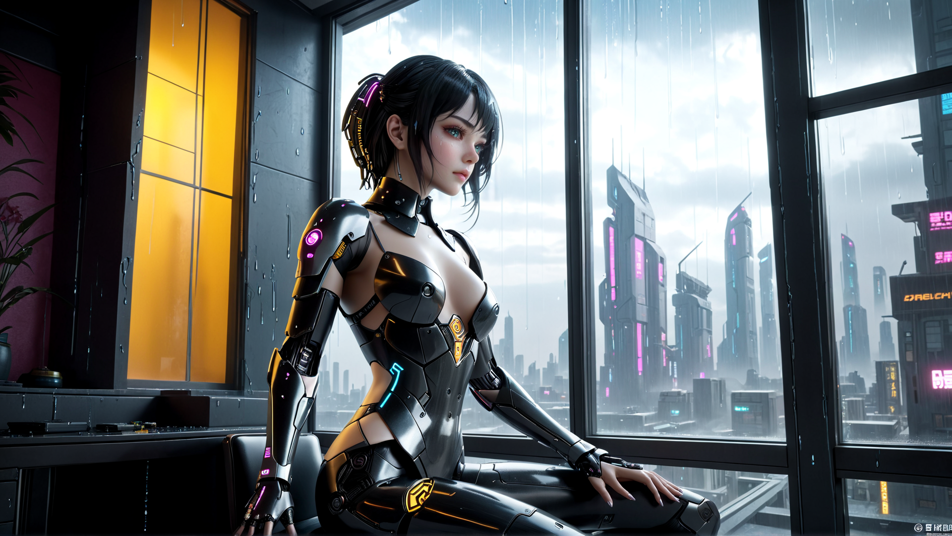 AI generated wallpaper featuring cyborg, woman, cityscape