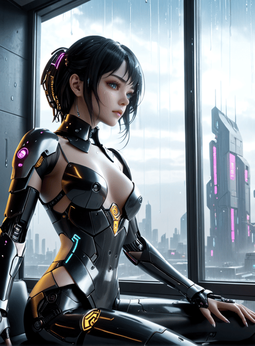 cyborg, woman, cityscape
