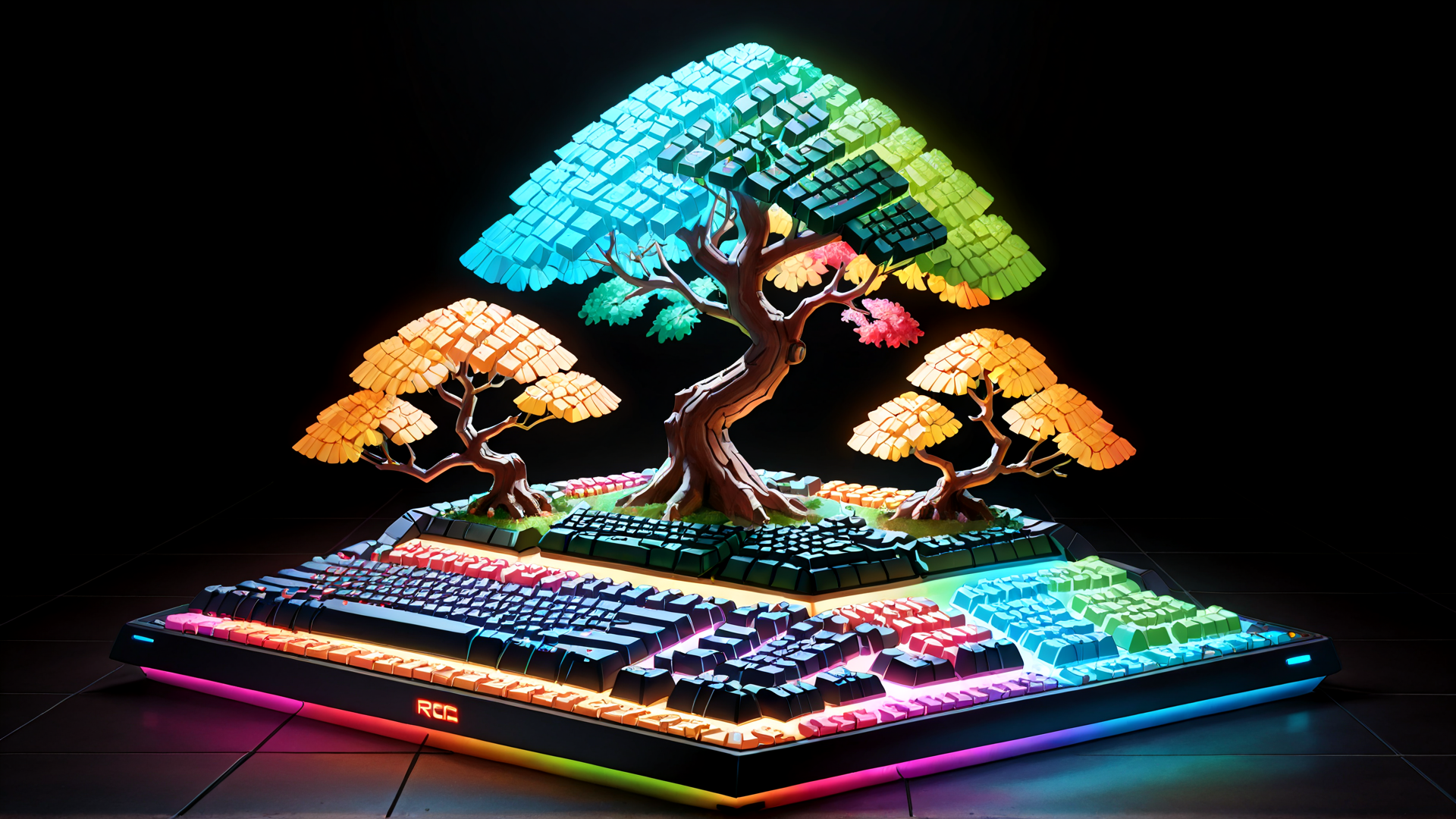 AI generated wallpaper featuring keyboard, tree, nature, garden, art