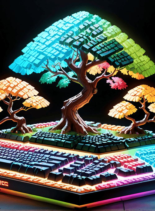 keyboard, tree, nature, garden, art