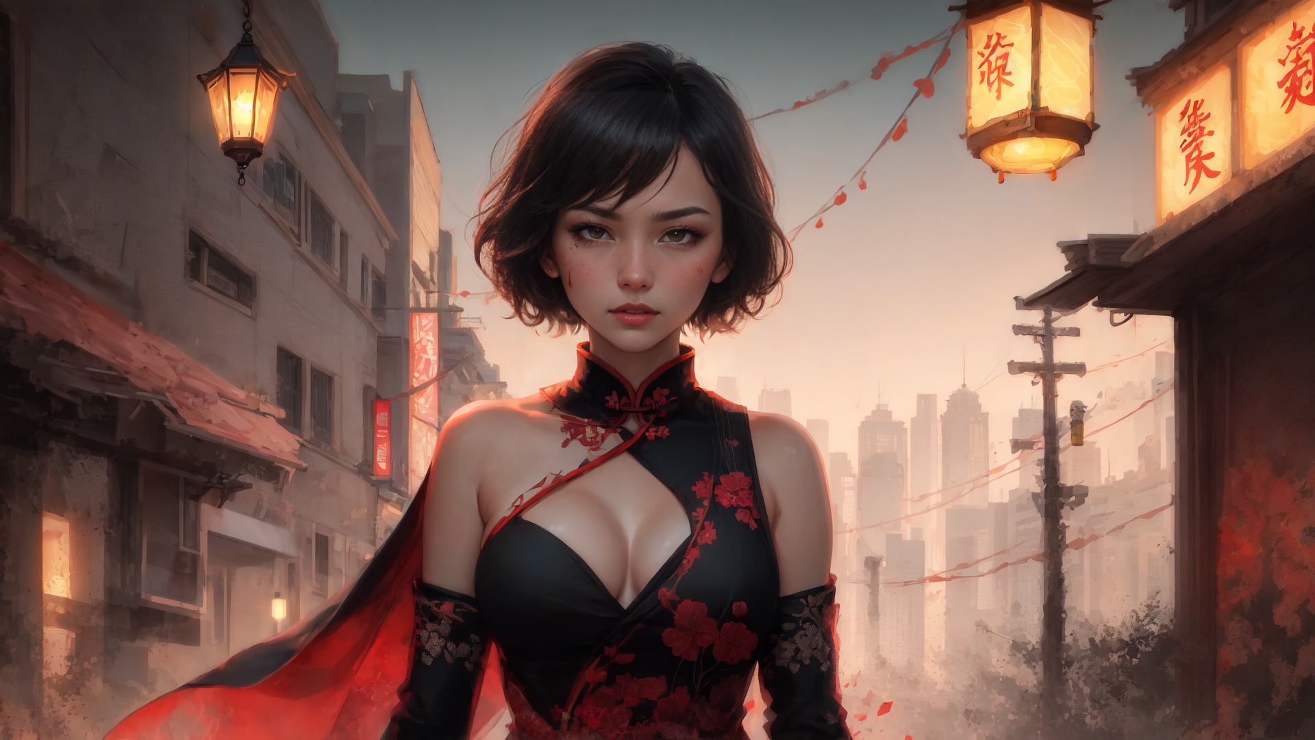 AI generated wallpaper featuring woman, lantern, city